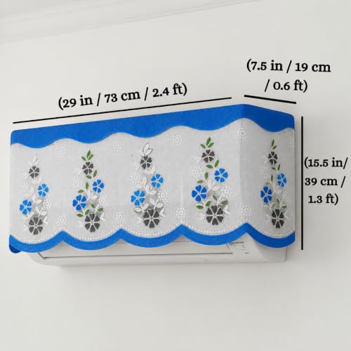 Image of Premium Cotton Net AC Cover for 1.5-2 Ton Split Air Conditioner | Dust Protection AC Indoor Unit Cover for Summer | Embroidered & Printed | Pack of 1 (Blue Flower)