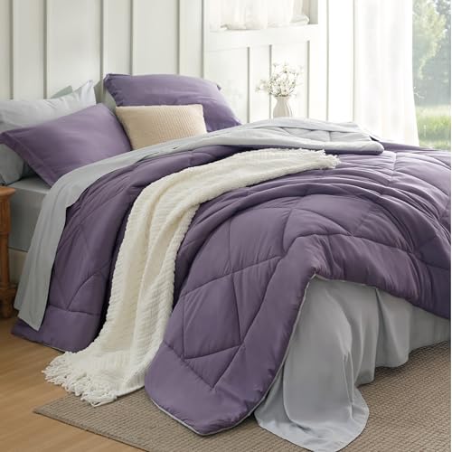 Image of Bedsure King Size Comforter Set - 7 Pieces Reversible Grayish Purple Bedding, King Size Bed Set for All Seasons, Bed in a Bag with Down Alternative Comforter, Sheets, Pillowcases & Shams