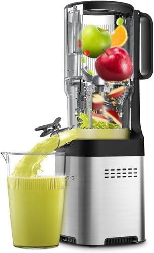 AMZCHEF Cold Press Juicer, Juicer Machines - 5.2" Large Feed Chute for Whole Fruits & Vegetables, Stainless Steel Slow Masticating Juicer Easy to Clean, Large Auger, Triple Strainers, Silver