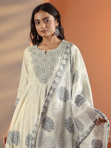 Image of Libas Embroidered Cotton Anarkali Kurta with Trouser and Dupatta
