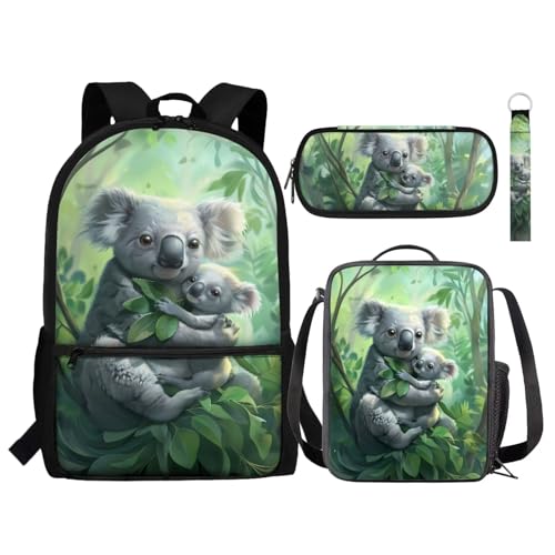 Set 4 in 1 per ragazzi e ragazze include borsa per libri scolastici termica per il pranzo portapenne portachiavi regalo per bambini Foresta di Koala Taglia unica Zaini Daypack