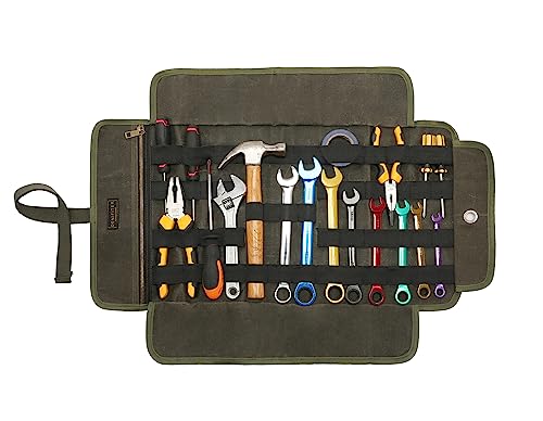 Tool Bag, Heavy Duty 16OZ Waxed Canvas Tool Rolls with Canvas Straps Closure, Wrench Tool Pouch with Elastic Band,1 Zipper Compartments Bag (ArmyGreen)