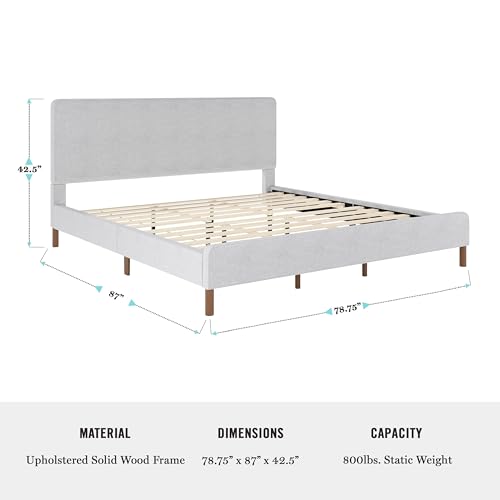 Image of Martha Stewart Britta Platform Bed with Headboard & Footboard, Faux Linen Upholstery with Piping Detail, Rounded Headboard, No Box Spring Needed, King, Gray