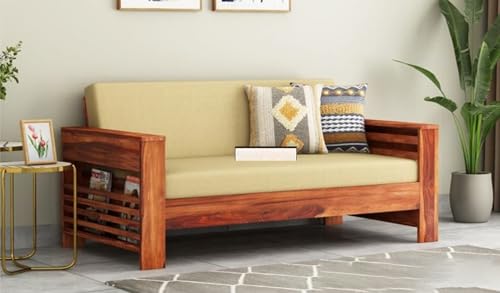 Image of Sheesham Wood 2 Seater Sofa with Side Pocket for Living Room Home || Solid Wood 2-Person Sofas Without Small Cushion Furniture for Guest Room Office (Natural Teak Finish)