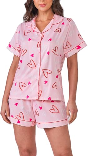 Image of Yiulangde Women's Easter Pajamas 2 Piece Sets Satin Short Sleeve Preppy Easter Eggs Bunny PJs Outfit Button Up Loungewear Set