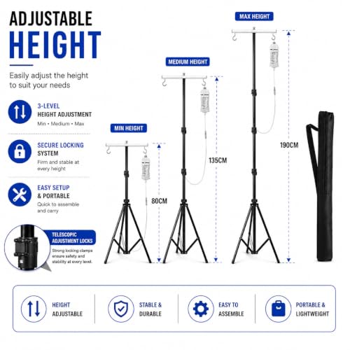 Image of 6ft Adjustable Iron IV Drip Stand with 2 Hook Holder & Carry Bag, Portable Saline Glucose Stand, Hospital IV Pole for Clinic, Home Care, Patient Room & Medical Use