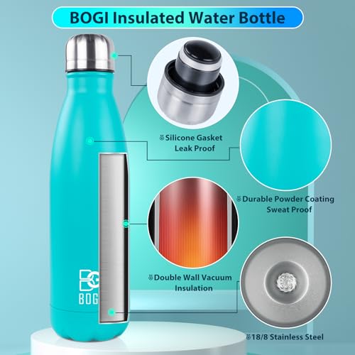Image of BOGI 17oz Insulated Water Bottle Double Wall Vacuum Stainless Steel Water Bottles, Leak Proof Metal Sports Water Bottle Keeps Drink Hot and Cold - Perfect for Outdoor Sports Camping Biking (Mint)