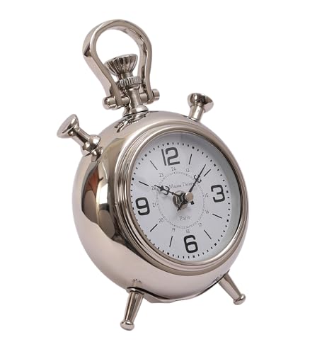 Image of Decor de Maison Brings Handcrafted The Belvedere Table Clock for KidsRoom, Living Room, Bedroom, Office |Classic Non-Ticking Tabletop Battery Operated Analog Desk Clock in Silver (14x8x23cm)