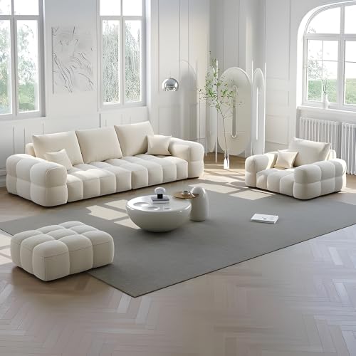 Image of A to Z Furniture Classic Chesterfield Sofa Set Luxury Chesterfield Sofa in for Home Living Room & Office (3+1=4 Seater Sofa with Ottoman Off White)