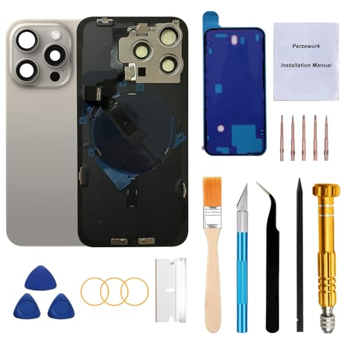 Perzework Rear Back Glass Replacement for iPhone 15 Pro Max 6.7-inches with Reparing Tool Kit and All Necessary Parts (Natural Titanium)