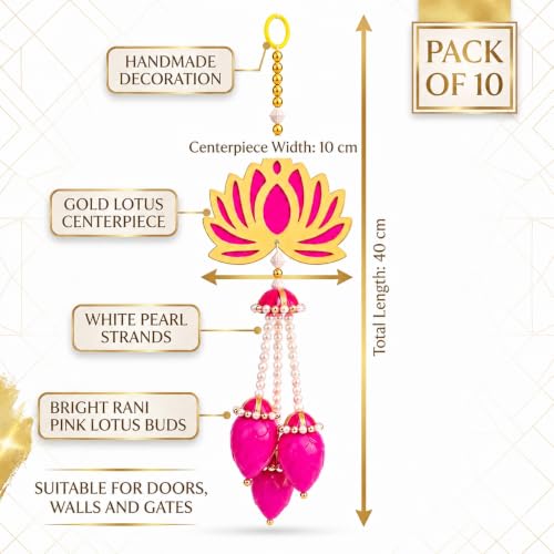 Image of JH Gallery Pearl Bead Lotus for Ganpati Decoration Items for Home - Handmade Ganesh Chaturthi Backdrop Decoration, Mandir & Balcony Hanging (16 Inch, Pack of 10)