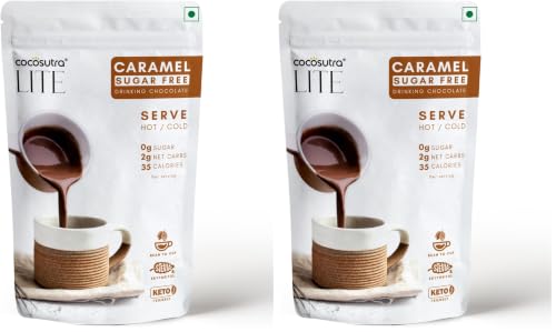 Image of COCOSUTRA SUGAR FREE Drinking Chocolate Mix - Caramel | Zero Sugar, Low Carb, Low Calorie | Stevia & Erythritol based | Keto Friendly Hot Chocolate | Vegan | Enjoy hot or cold | 200g (Pack of 2)