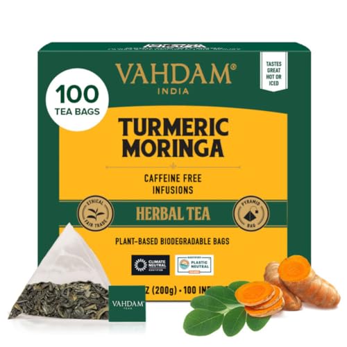 VAHDAM, Turmeric Moringa Tisana (100 Piramidales Bolsitas De Té) Libre De Cafeína | Cúrcuma Y Especias Frescas, 100% Pura Y Natural | Caliente, Frío O Como Kombucha