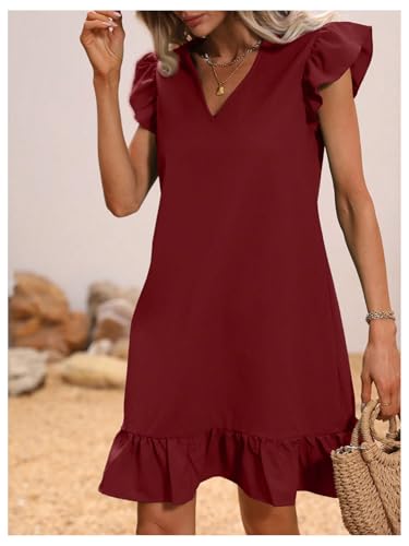 Image of SOLY HUX Summer Dresses for Women V Neck Cap Sleeve Ruffle Hem Smock Short Dress Plain Burgundy Large