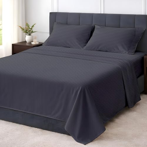 Shreem Linen Queen 4 Piece Sheet Set, Ultra Soft Microfiber Bed Sheets Queen Size, Breathable Cooling Bedding, Deep Pocket Fits 8–16 Inch Mattress, Dark Grey Stripe