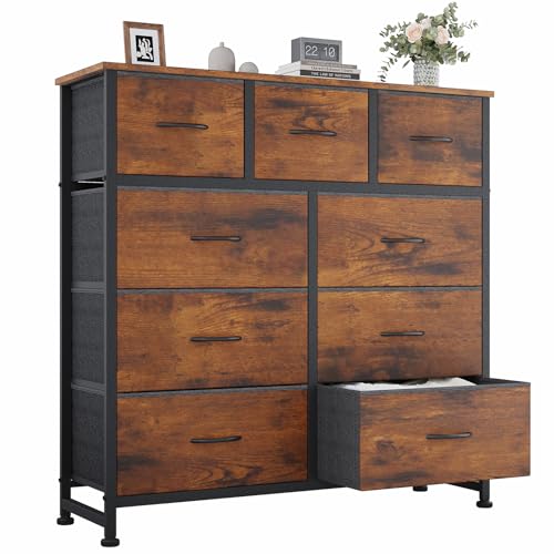 Image of OLIXIS 9 Drawer Tall Dresser for Bedroom, Closet Organizers and Storage | Fabric Dresser with Wooden Top, Chest of Drawers for Clothes Storage, Tower Cabinet, Furniture, TV Stand, Rustic Brown