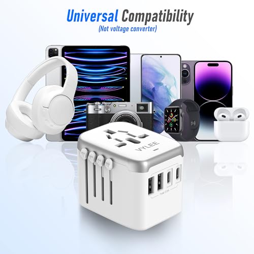 Image of VYLEE Universal International Power Travel Plug Adapter, 5 in 1 European Travel Plug Adapter W / 3.5A 2xUSB-A and 2xUSB C Wall Charger and Worldwide AC Outlet for Europe USA UK AUS Asia (White Grey)