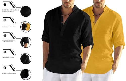Image of FINIVO FASHION Men's Cotton Blend Solid Full Sleeve Combo Short Kurta Shirt, Regular Fit Solid Pattern Mandarin Collar Straight Kurta Shirt