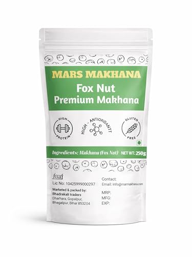 Image of Mars Makhana Fox Nuts, Natural Flavour, Gluten Free, High Protein with Dietary Fibre, Vegan, Raw Lotus Seeds for Roasting, Cooking, Kheer and Curry Recipes, 250g