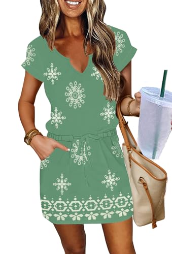 Image of SAUKOLE Women Summer T Shirt Dress Casual Short Sleeve V Neck Dress with Pockets Drawstring Waist Short Dresses