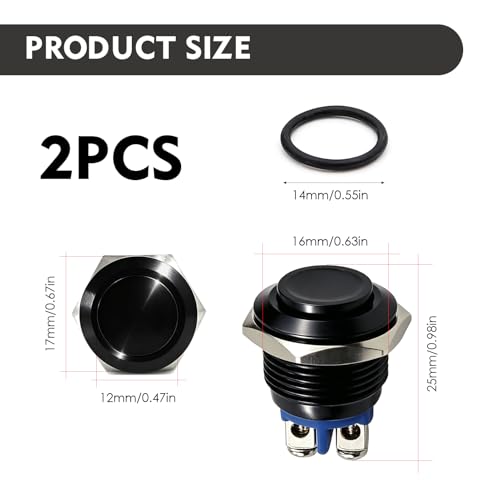 2 Stück Taster Drucktaster 12v 16mm, Metall Momentanschalter Rund Schwarz, 16mm Klingelknopf Außen, Wasserdicht Drucktaster für Auto Boot Haushaltsgeräte Hupen, 220V / 1A