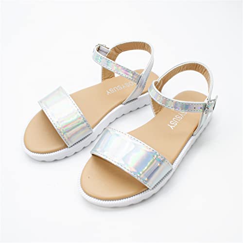 Children Flat Toe Sandals Flower Beach Shoes Little Girls Sandals Sandals for Outer Wear Baby Beach Sandals (Silver, 6-7 Years Little Child)3