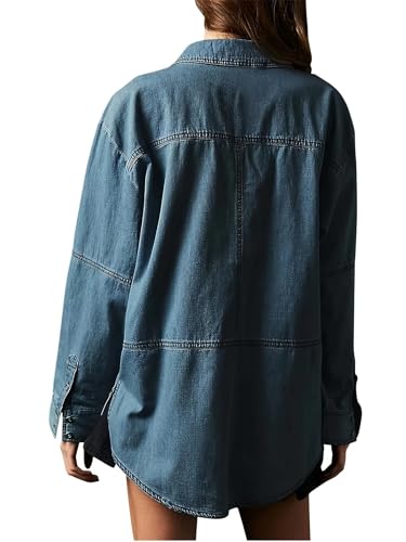 Women's Denim Pullover Casual Button V Neck Blouse Loose Fit Long Sleeve Jean Jacket Blouse with Pocket4