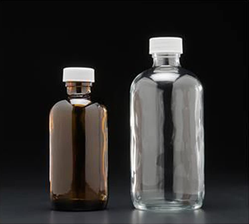 JG Finneran D0149-1 Clear Borosilicate Glass Standard Boston Round Bottle with Black Phenolic Closure, PE Cone Lined, 20-400mm Cap Size, 1oz Capacity (Pack of 24)