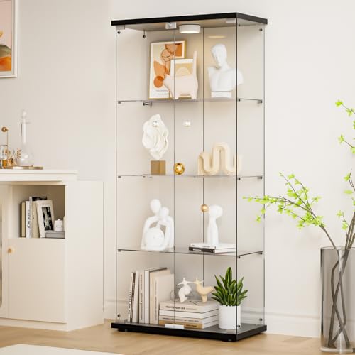 Darget Glass Display Cabinet 4-Shelf 2 Doors with LED Push Light Lockable Glass Display Case with 4mm Tempered Glass Floor-Standing Bookshelf for Bedroom, Living Room, Black