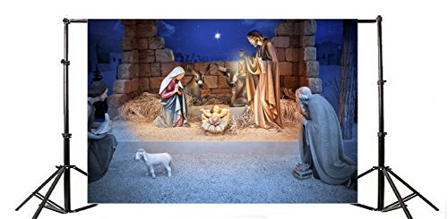 Lfeey 10X8Ft Christmas Manger Scene Backdrop Religious Bethlehem Star Night Holy Family Nativity Scene Barn Stable Lamb Birth Of Jesus Photography Background Photo Studio Props #TOP2