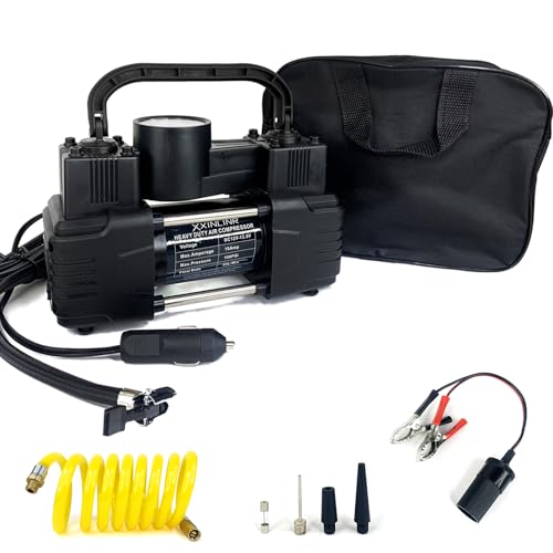 Black Tire Inflator Heavy Duty Double Cylinders with Portable Bag - Car Accessories, Metal 12V Air Compressor Pump 150PSI with Adapter for Car, Truck, SUV Tires, Dinghy, Air Bed etc