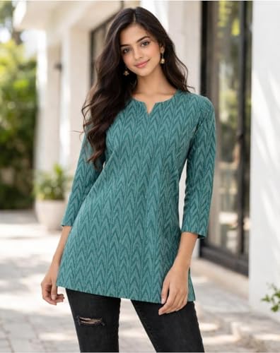 Image of Women Ikat Print Short Kurti Top,Cotton Blend Casual Ethnic Kurta for Women, Stylish Office Kurti Tunic,Lightweight Printed Short Kurti Kurti for V Nack Kurti