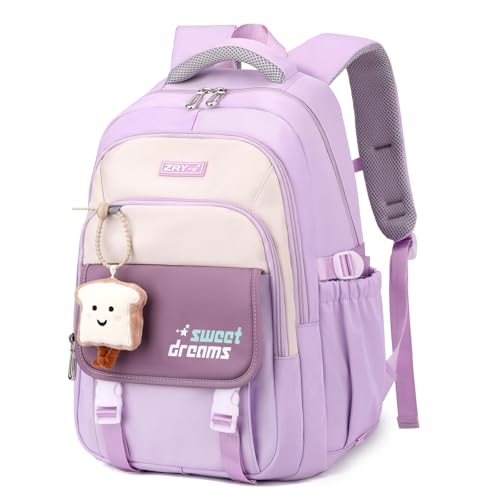 Amythe Schulrucksack Teenager - 36L Schulranzen für Mädchen ab 5. Klasse, Großer Rucksack für Mittel- und Oberstufe, Lässiger Kinderrucksack mit Süßem Anhänger und Trolleyband, Lila