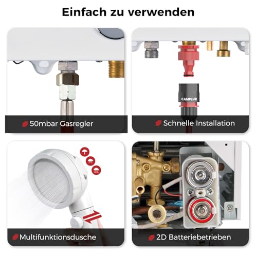 CAMPLUX BW264C-DE 10 Liter Gasdurchlauferhitzer mit Regenkappe, 50mbar Tankless Outdoor-Instant-Gasdusche für Pferd Waschen Camping RV Reise
