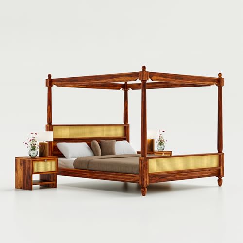 Image of Sheesham Wood Poster Bed King Size | Solid Wood Poster Bed Cot Wooden Double Bed Furniture for Bedroom Home and Hotel | Wooden Palang Divan (Natural Finish)