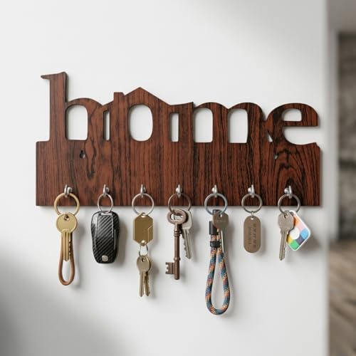 Image of Wooden Home Deign Key Holder for Wall | 7 Hooks Wall Mounted Key Hanger for Home Entrance | Decorative Wooden Key Stand for Living Room & Office | Key Organizer Rack for Wall Decor Brown