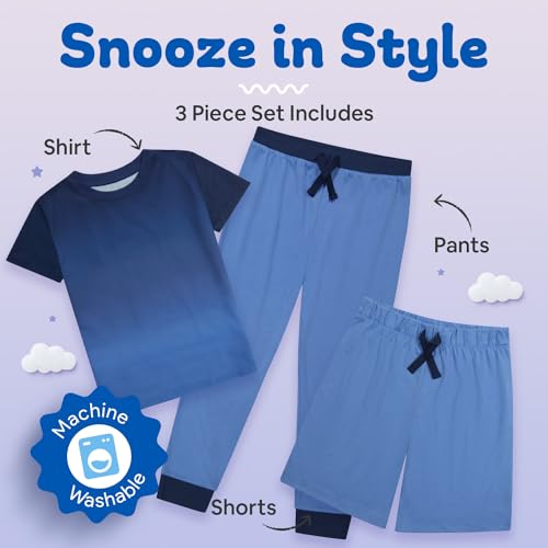 Image of US Angels Boys Pajamas Set | 3-Piece Pant, Shirt, Shorts Sleepwear Pjs for Kids | Loose Fit, Soft, Breathable Blue Plaid