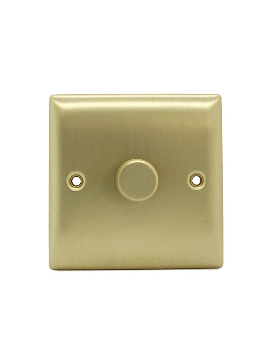 Britelite Single Dimmer Switch - Brushed Brass Finish 1 Gang 2 Way Trailing Edge Dimmer Switch With Push On/Off Rotary Control For LED And Halogen Bulbs, Suitable For Domestic And Commercial Use