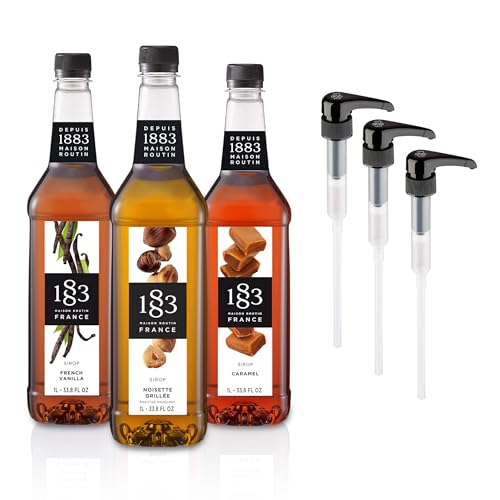 Image of 1883 Vanilla, Caramel, Roasted Hazelnut Syrups with Pumps (Coffeehouse Favorites) for Coffee & Drinks - 1 Liter Plastic Bottles (Pack of 3)