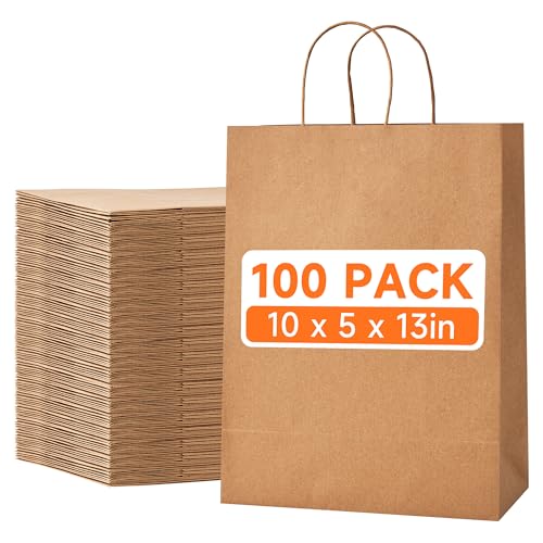 METAPRINT 100pcs Large Brown Paper Bags with Handles in Bulk 10x5x13 Kraft Gift Bags Recyclable Shopping Bags for Retail Birthday Parties & Weddings