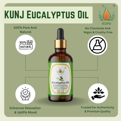 Image of KUNJ Eucalyptus Essential Oil 100ml - 100% Pure & Natural Steam Distilled Nilgiri Oil for Aromatherapy, Diffuser, Hair Care, Scalp Care, Spa, Home Fragrance & DIY Blends