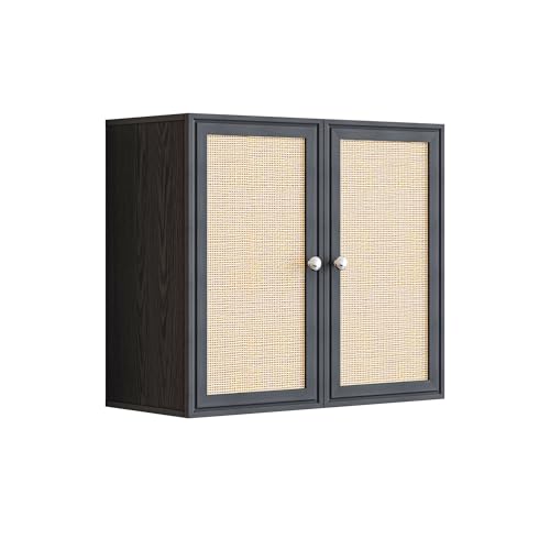 Image of Laundry Room Cabinets 24INCH Bathroom Cabinets Wall Mounted with Adjustable Shelves, Rattan Wall Cabinet for Bedroom, Kitchen, Bathroom, Black
