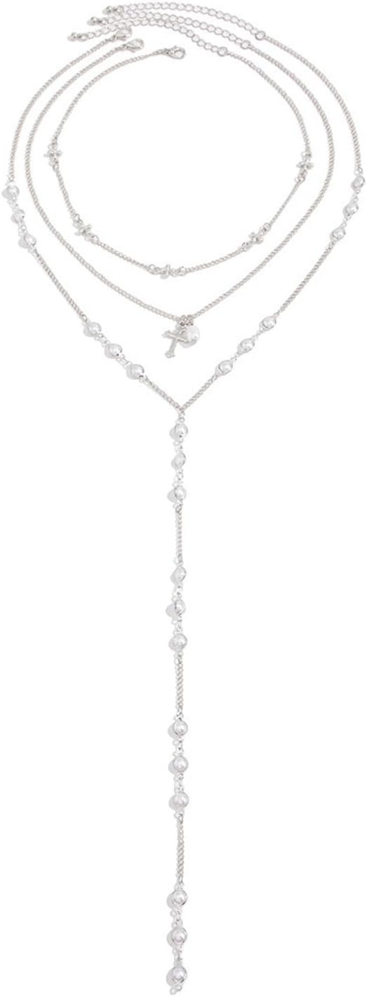 Layered Baroque Pearl Cross Pendant Y-Necklace for Women,Gold Silver Plated Lariat Bead Sweater Necklaces Punk Party Banquet Jewelry Accessories Gifts