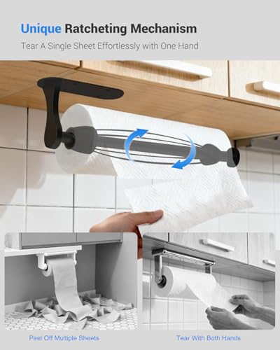 Image of Paper Towel Holder Under Cabinet, One-Handed Tear, Wall Mount, Adhesive, Black, Paper Roll Holder with Ratchet Mechanism for Kitchen Bathroom Farmhouse Essentials Decor Accessories