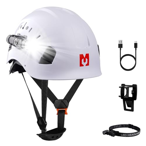 Mustbau Casque de chantier avec lampe frontale, casque de sécurité certifié EN397 avec lampe frontale LED, lampe frontale rechargeable USB-C, réglable...