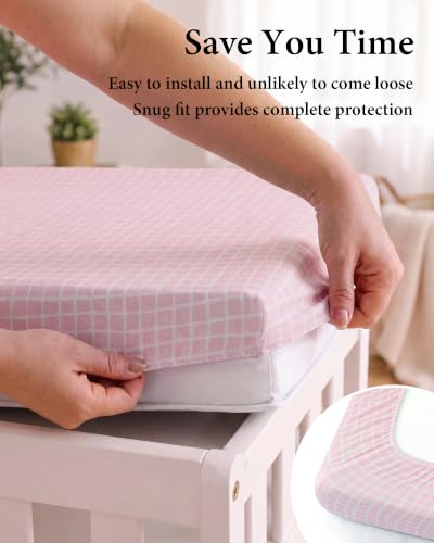 Image of Yoofoss 2-Pack Diaper Changing Pad Cover for Girls 32x16 (Gingham+Floral) | Soft & Easy-to-clean & Breathable, 360 Full Elastic Fit, Microfiber Fitted Sheets for Changing Table Pad