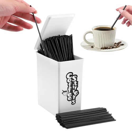 1000pcs Plastic Coffee Stirrers and Plastic Holder Set, 5.1in Coffee Straws, Coffee Stir Sticks Container with Lid and Sticker, Disposable Swizzle Sticks for Mixing Coffee Milk Cocktail Drinks and Tea