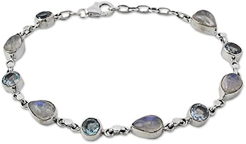 NOVICA Handmade Misty Sky - Blue Topaz and Rainbow Moonstone Gemstone Bracelet, Women's Link Bracelets, Women Bracelets, Pear Shaped Multi-Gemstone Tennis Bracelets for Women, Christmas Gifts