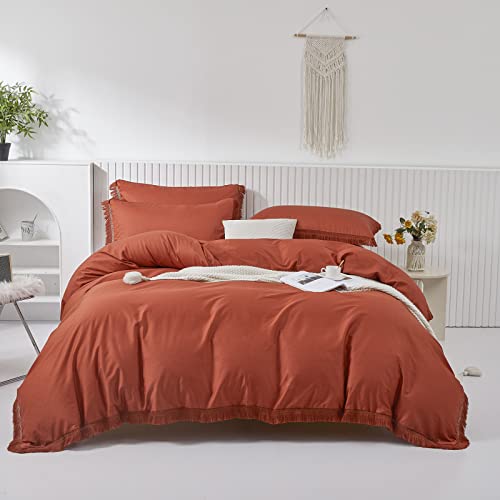 Enuullao Burnt Orange Duvet Cover Set Queen Size With Tassel,3 Pieces 100% Washed Cotton Comforter Cover With Zipper Ties,1 Boho Terracotta Duver Cover&2 Pillowcases(Burnt Orange,Queen) #TOP1
