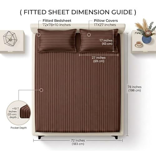 Image of BSB HOME 210 TC Cotton Fitted Bedsheet with 2 Pillow Covers, Soft Breathable Fabric, Elastic All Around, Wrinkle Resistant, King Size Bed Sheet Set - 72 x 78 + 10 Inches (Chocolate Brown)